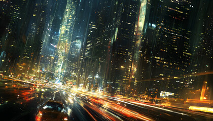 Obraz premium A bustling city at night, with skyscrapers illuminated and traffic creating streaks of light