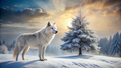 Fototapeta premium Majestic white wolf stands alone amidst serene snowy landscape, regal pose evoking wilderness beauty, solitary tree towering behind, frosty silence envelopes the scene.