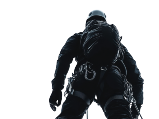 A climber in black gear scaling a vertical surface with focus and determination. Perfect for adventure and sports themes. transparent background