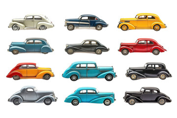 A colorful collection of vintage cars showcasing unique designs and classic styles from different eras. transparent background