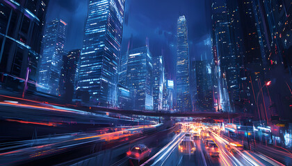 Obraz premium A bustling city at night, with skyscrapers illuminated and traffic creating streaks of light