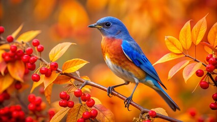Vibrant blue bird perched on a branch surrounded by bright orange leaves and ripe red berries, capturing nature's stunning colorful beauty in autumn.