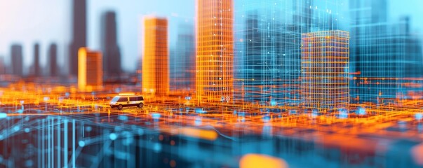 Fototapeta premium Futuristic cityscape with vibrant colors and digital elements, showcasing urban development and technology in harmony.