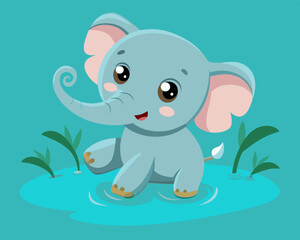 Cute baby elephant in water splash