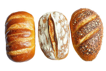 A selection of freshly baked artisan breads showcasing a variety of shapes and textures, perfect for culinary inspiration. transparent background