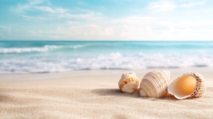 Obraz premium seashells on Sandy Beach / seashore, beach holiday Vacation background with generative ai