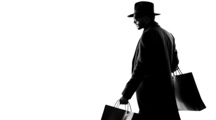 A stylish man in silhouette, wearing a hat and holding shopping bags, exuding elegance and sophistication. transparent background
