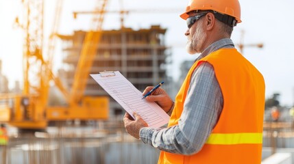 Construction worker in safety gear reviews project plans at a building site with cranes in the background during the day.