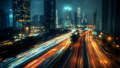 Fototapeta premium A bustling city at night, with skyscrapers illuminated and traffic creating streaks of light