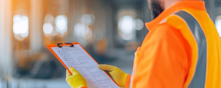 Construction worker reviewing safety checklist on clipboard in bright vest at building site, ensuring compliance and safety.