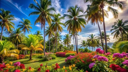 Fototapeta premium Vibrant palm trees sway amidst a kaleidoscope of colorful flowers and lush greenery, with exotic wildlife thriving in this idyllic tropical summer escape paradise.