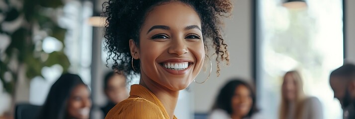Mixed-race woman in office setting promotes teamwork and diverse inclusion.