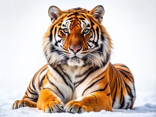 Obraz premium Majestic Bengal tiger with vibrant orange and black stripes sits calmly on a pristine white background, showcasing its powerful build and regal demeanor.