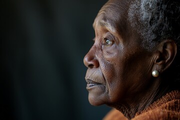 Obraz premium Profile view capturing the solitary experience of an elderly black woman with dementia.