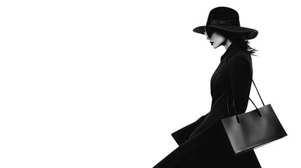 Chic woman in black attire carries a stylish bag, epitomizing elegance and sophistication against a minimalist backdrop. transparent background