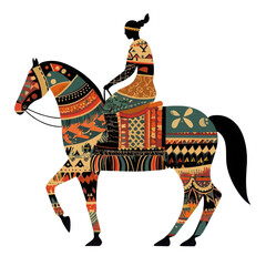 Naklejka premium Colorful illustration of a rider on a decorated horse, showcasing intricate patterns and vibrant artistry. transparent background