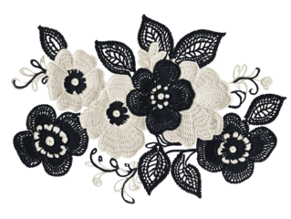 Elegant black and white floral lace design featuring intricate handcrafted flowers and leaves, perfect for fashion and decor. transparent background