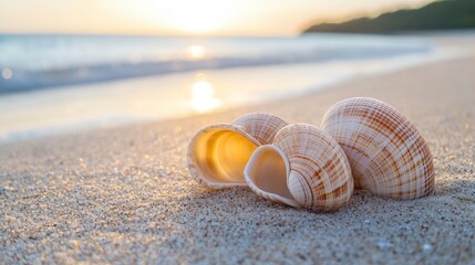 Obraz premium seashells on Sandy Beach / seashore, beach holiday Vacation background with generative ai