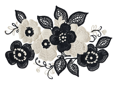 Elegant black and white floral lace design featuring intricate handcrafted flowers and leaves, perfect for fashion and decor. transparent background
