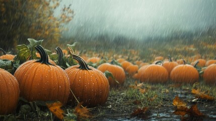 A close-up view of a pumpkin patch during a heavy rainstorm. Several pumpkins are visible in the foreground, with the rest of the field blurred in the background