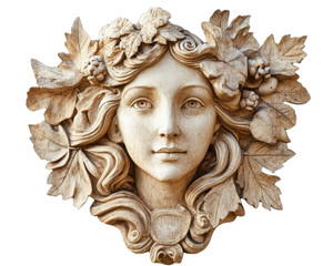 Obraz premium Intricate stone sculpture of a serene woman surrounded by lush leaves, embodying nature's beauty and artistry. transparent background