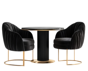 Stylish black dining set featuring a circular table and two elegant chairs, perfect for modern interiors. transparent background