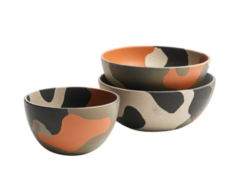 Set of three stylish camo-patterned bowls perfect for serving or decorative use in trendy kitchens and dining spaces. transparent background
