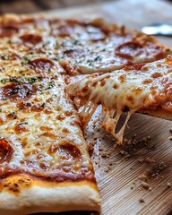 A slice of pepperoni pizza with melted cheese pulled off the crust.