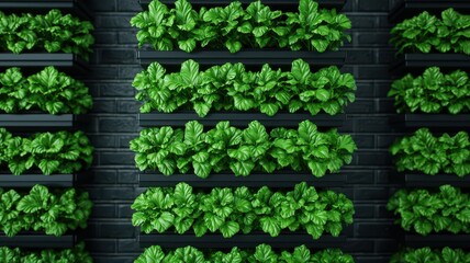 Vibrant green spinach plants growing vertically in a modern urban garden, showcasing urban agriculture and sustainable farming techniques.