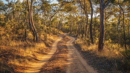 A bush track of sandy soil meanders through the outback forest, framed by tall trees and rugged wilderness