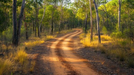 Fototapeta premium A bush track of sandy soil meanders through the outback forest, framed by tall trees and rugged wilderness