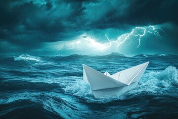 Small Brave Paper Boat In Stormy Ocean With Sharks And Lightning - Risk/Courage Concept with generative ai