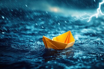 Small Brave Paper Boat In Stormy Ocean With Sharks And Lightning - Risk/Courage Concept with generative ai