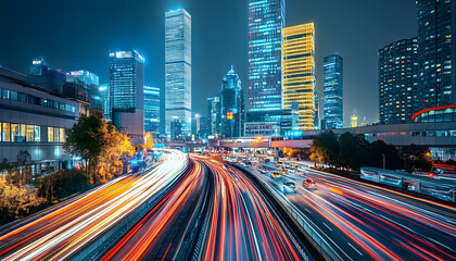 Fototapeta premium A bustling city at night, with skyscrapers illuminated and traffic creating streaks of light