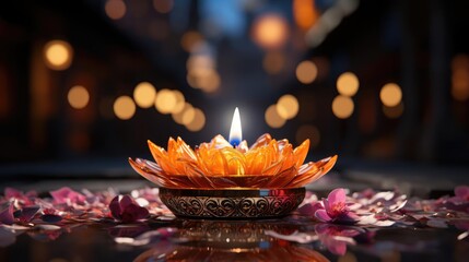 A beautifully crafted origami lotus flower illuminated by a single candle,