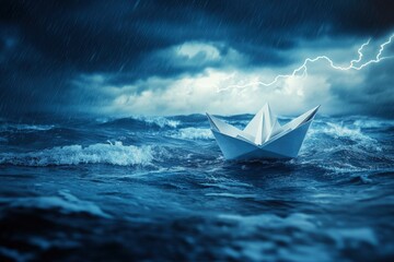 Small Brave Paper Boat In Stormy Ocean With Sharks And Lightning - Risk/Courage Concept with generative ai