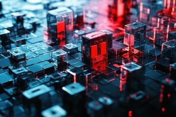 Abstract digital landscape featuring illuminated cubes in red and blue tones, representing technology and innovation.