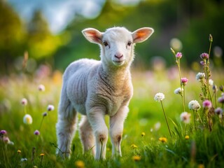 Fototapeta premium Adorable little lamb with fluffy white fur and curious expression standing alone in a lush green meadow filled with vibrant wildflowers.