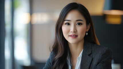 Obraz premium Professional Asian woman leading a business discussion, confident expression, modern office setting, collaboration theme