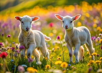 Freshly born lambs frolic and play in a vibrant meadow of colorful wildflowers, showcasing their curious nature and adorable antics in the warm spring sun.