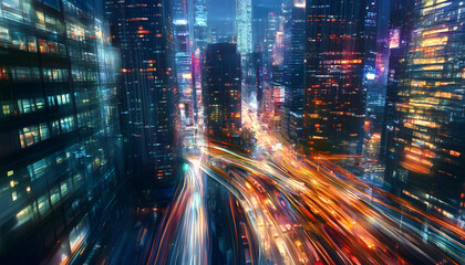 Obraz premium A bustling city at night, with skyscrapers illuminated and traffic creating streaks of light