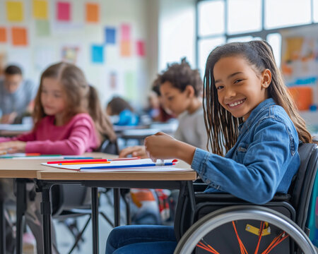 Smiling girl in wheelchair actively participating in classroom activities with peers - Powered by Adobe
