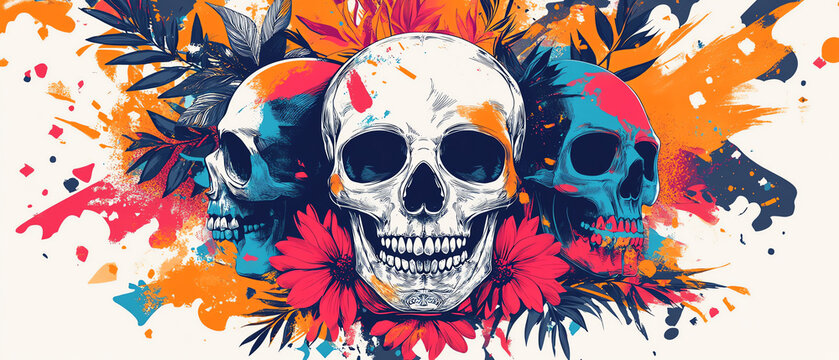 Abstract vector background featuring skulls with vibrant floral patterns and geometric accents, bold colors and intricate details, modern and edgy design