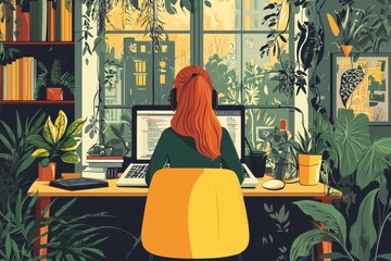 Woman Working From Home In a Green Office.