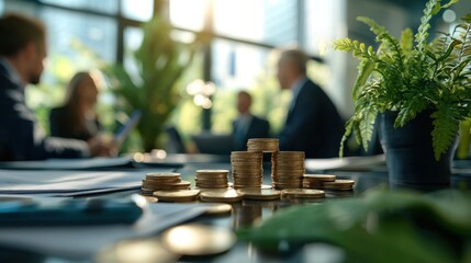 Obraz premium Financial Strategy Meeting 3D Illustration with Interest Rate Reduction Focus and Copy Space for Logo, Financial Concept Design