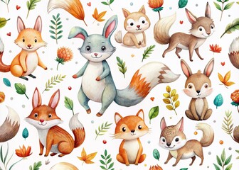 Whimsical watercolor cartoon animals, including rabbits, foxes, and squirrels, playfully scattered on a clean white background, perfect for children's illustration and print templates.