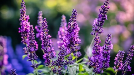 Obraz premium Lavender flowers in garden. Lilac bush close up. Beautiful nature. Home gardening