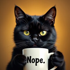 Render of a grumpy cat holding a coffee mug that says "nope"