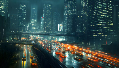 Obraz premium A bustling city at night, with skyscrapers illuminated and traffic creating streaks of light