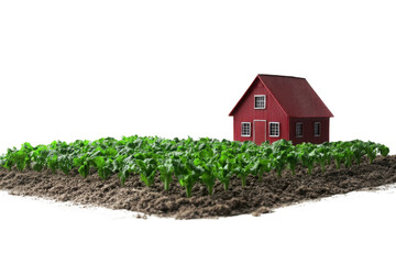 A quaint red house surrounded by lush green crops, showcasing the beauty of rural life and agriculture. transparent background